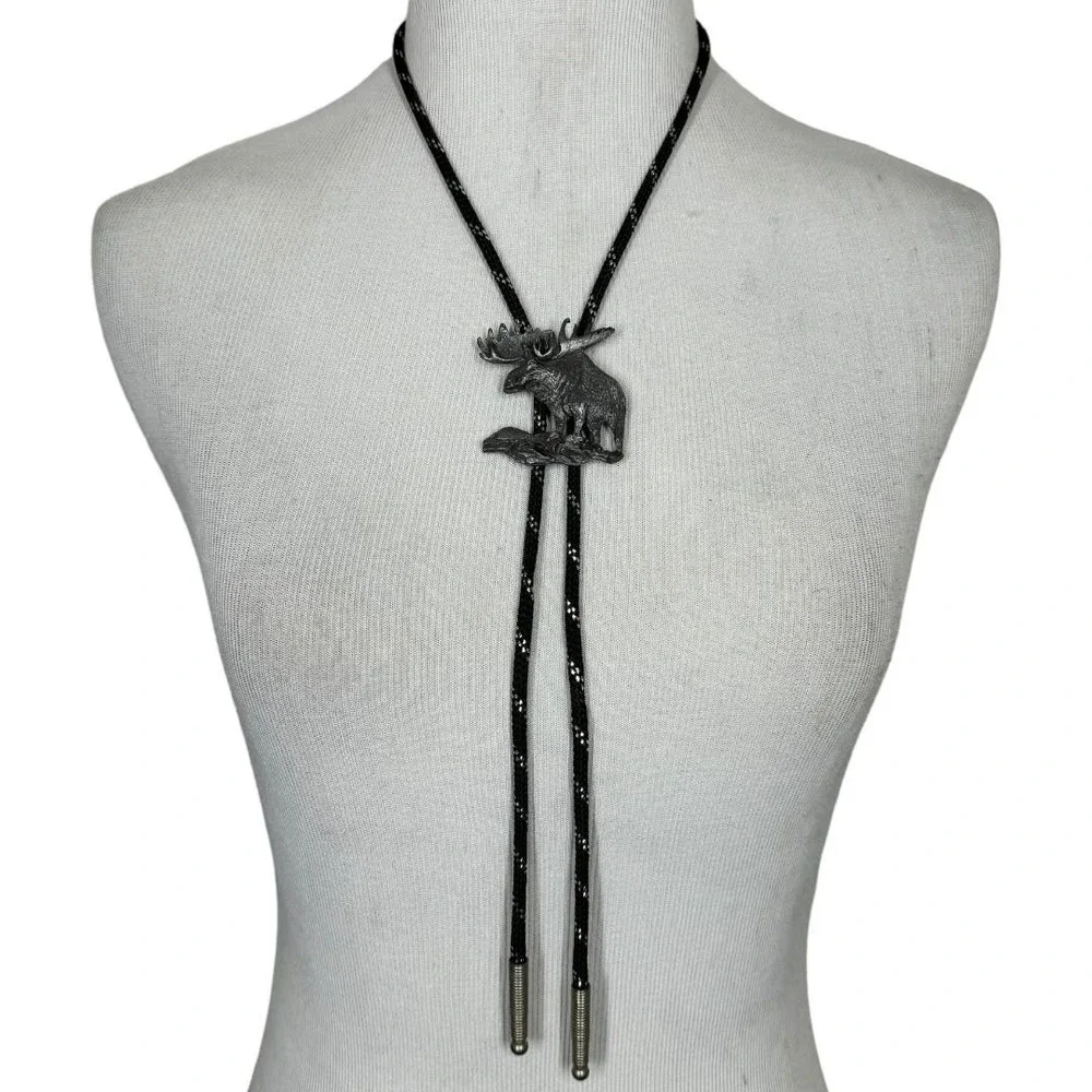 Boho Western Moose Bolo Tie Black Silver Necklace Accessory Cowboy Rodeo